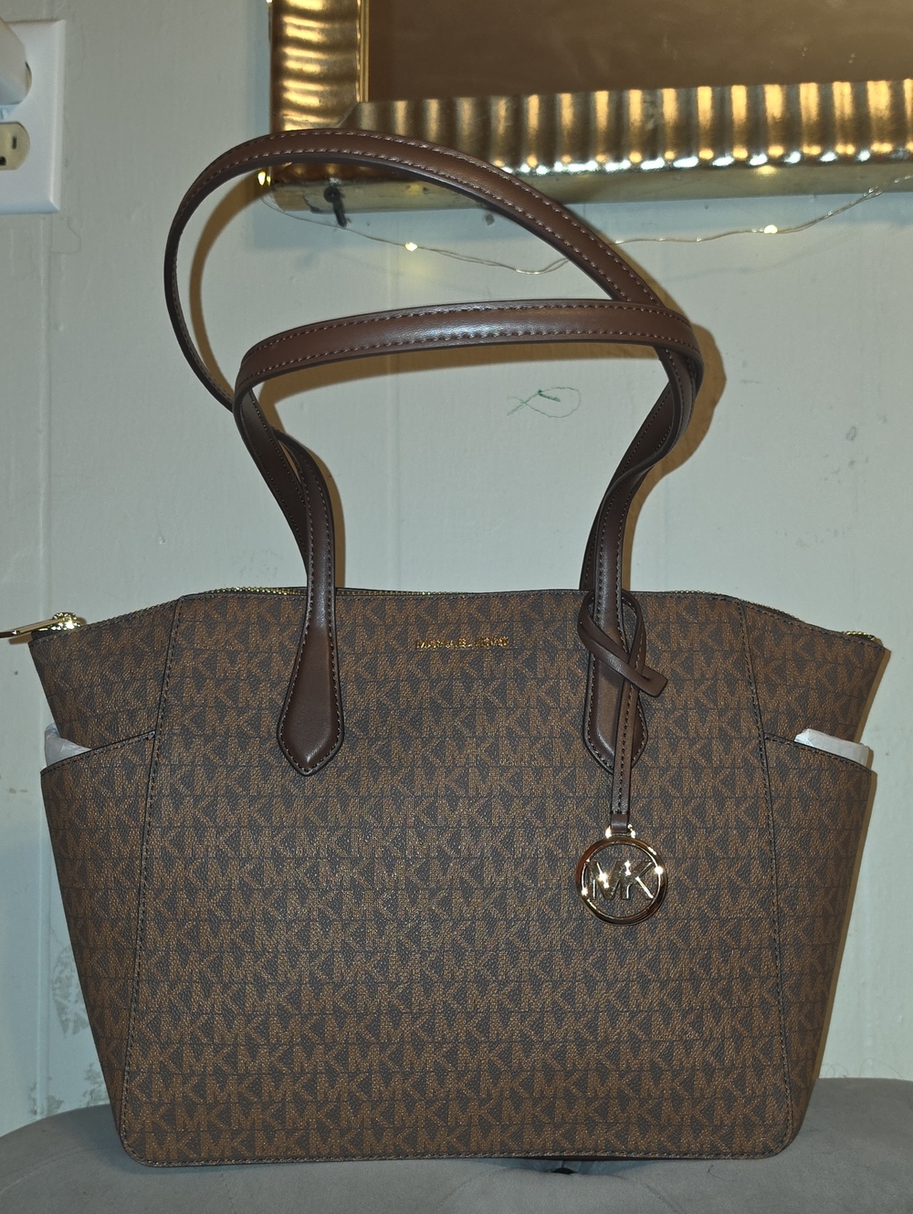 Michael Kors Brown MK Logo Tote with Gold Charm